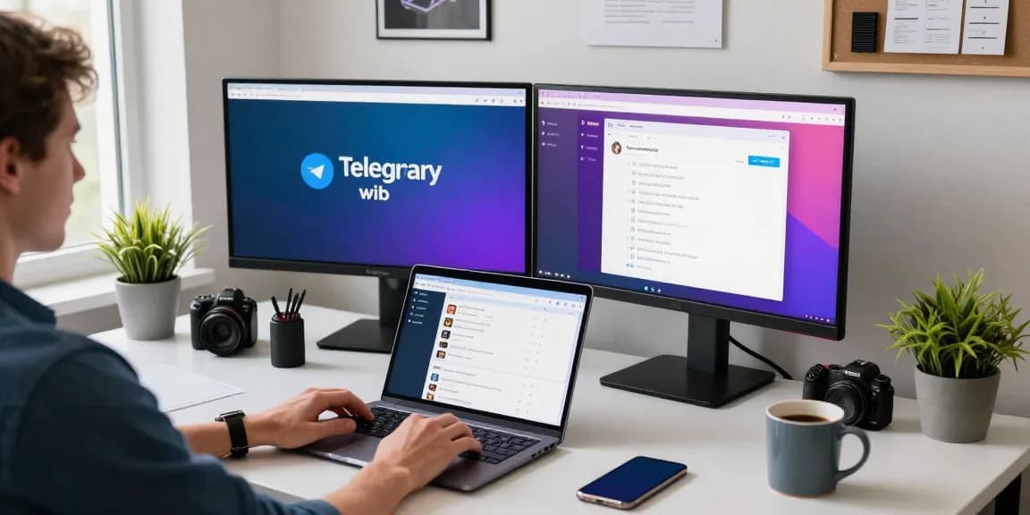 Working on the Telegram Web Version in a modern workspace with tech gadgets.