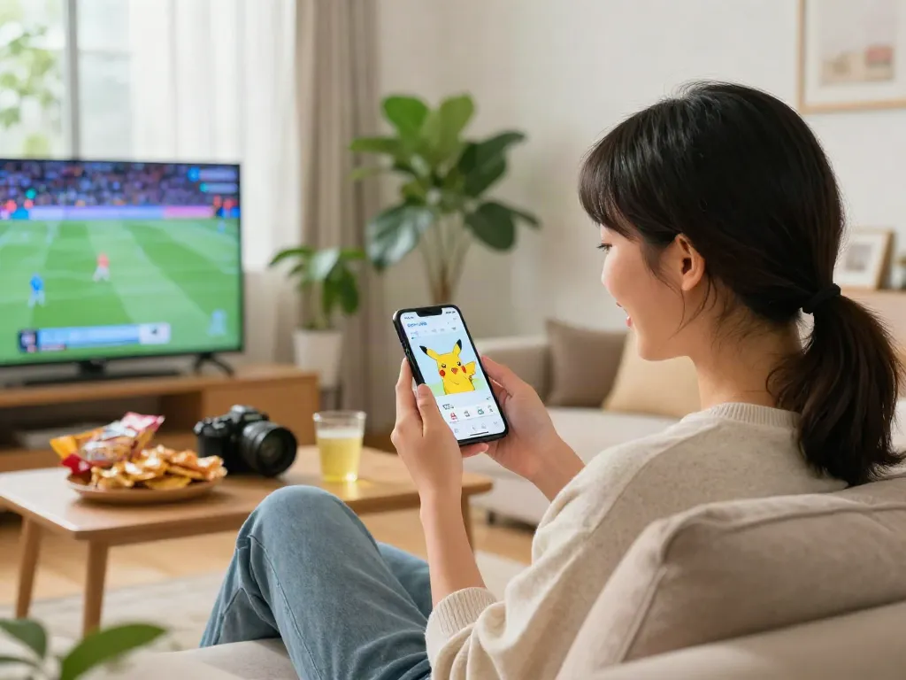 PikAShow Pikachu app in action on an Android phone, showcasing live sports streaming from a cozy living room.