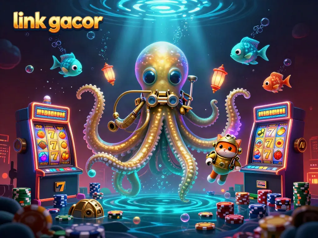 Engage with link gacor in an exciting underwater casino scene featuring a kraken and diving cat.