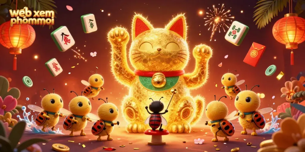 Experience the excitement of web xem phimmoi with a golden lucky cat and festive casino elements.