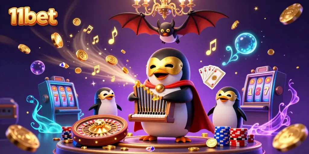 11bet's engaging casino experience, featuring a charismatic penguin and dazzling gold coins in an animated scene.