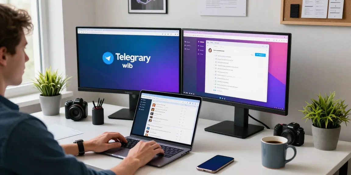 Working on the Telegram Web Version in a modern workspace with tech gadgets.