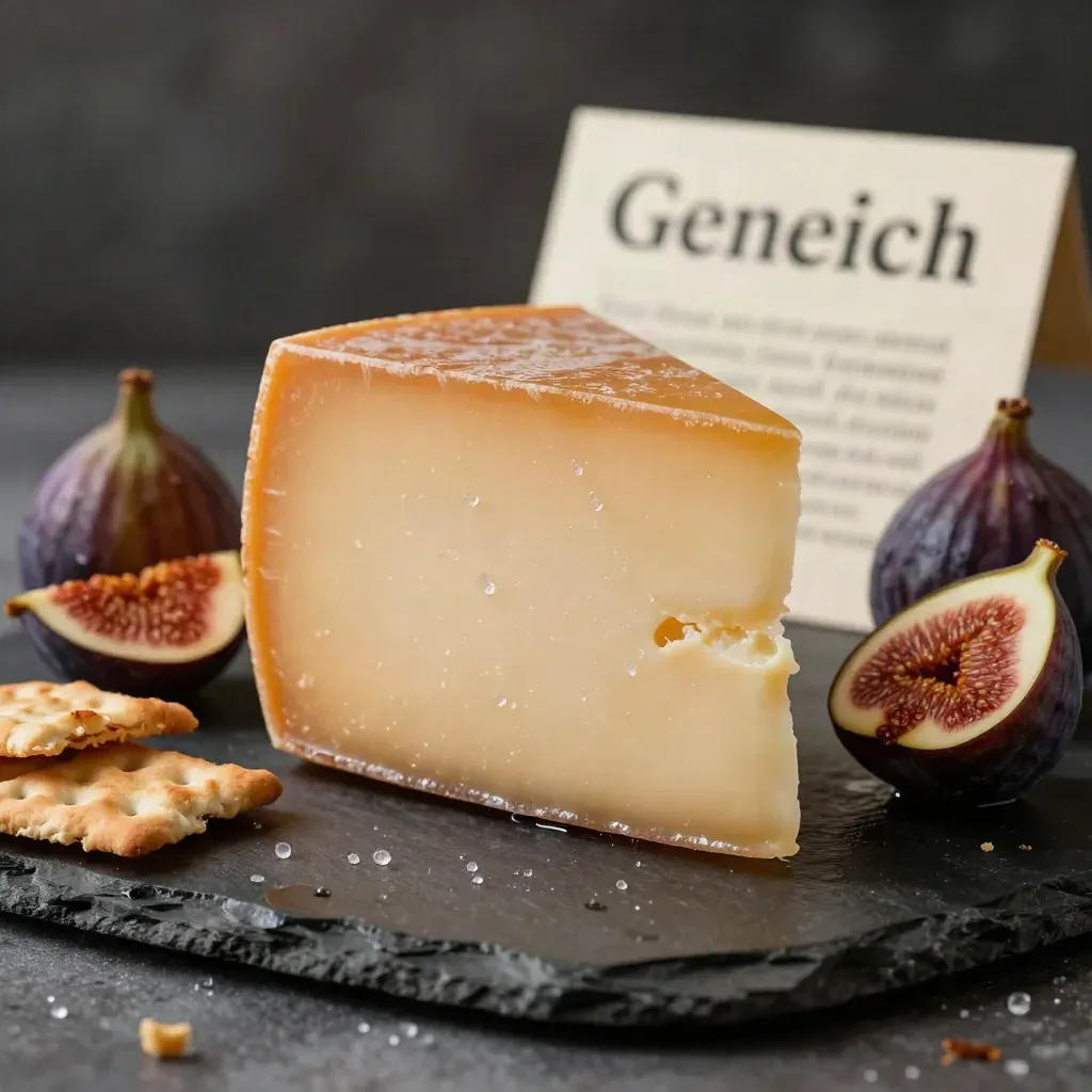Oude Goudse punt zwevend boven natte leisteen met vijgen en crackers.