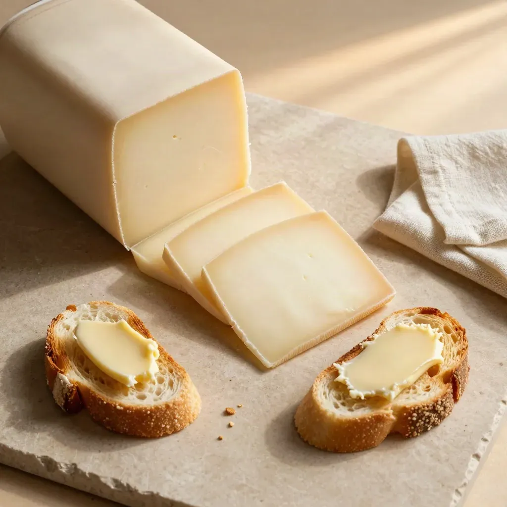 Jonge kaasplakken waaieren uit naast toast met boter op een lichte steenplaat.