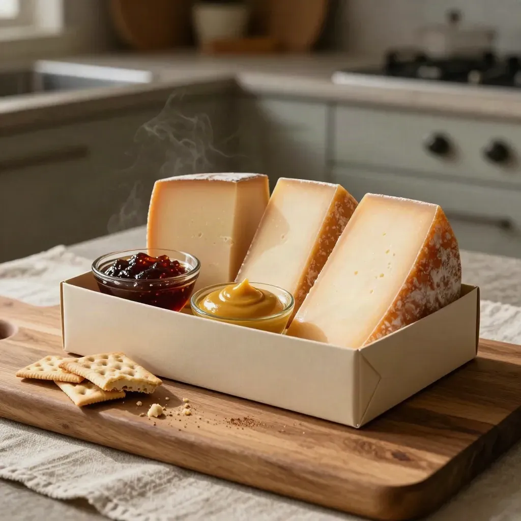 Open kaasborrelbox met vier kazen, vijgenchutney, mosterd en crackers op warme houten plank.