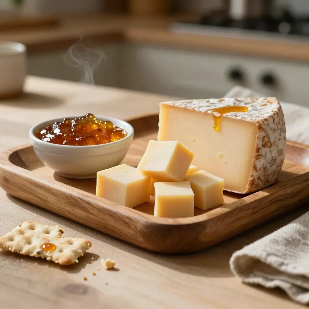 Kaas- en crackerset met chutney en gebroken cracker op licht houten plank.