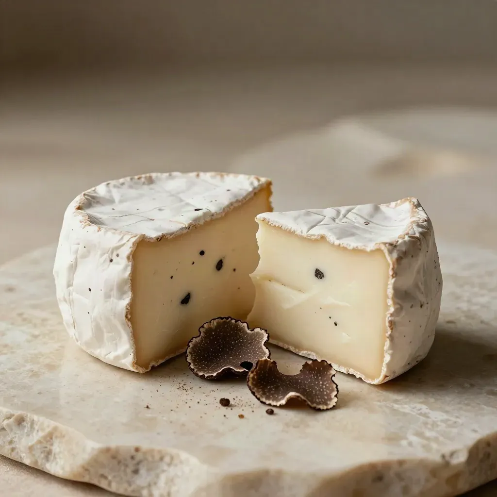 Makrofoto van truffelkaaspuntjes op travertin met truffelschaafsel en kruimelmist.
