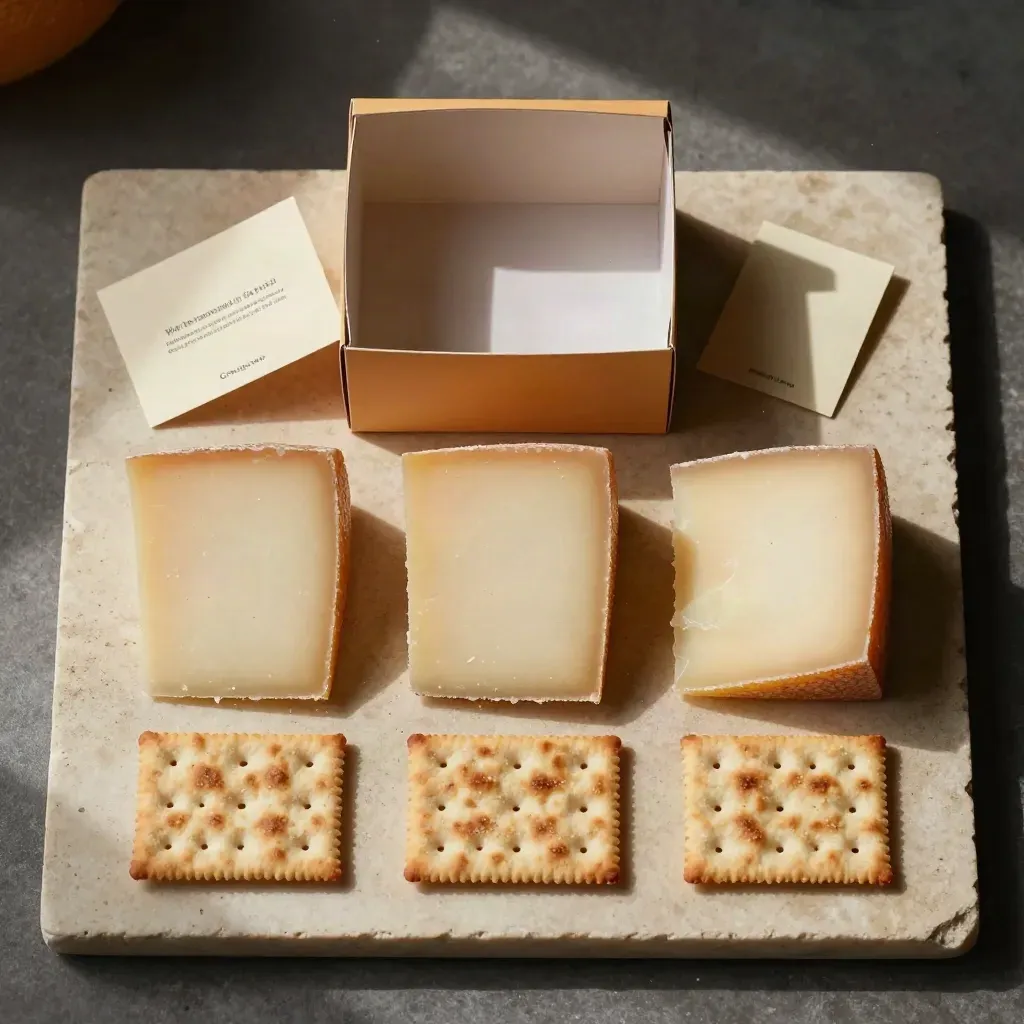 Open Gouda cadeaubox met drie kaasstukken en twee crackers in strakke flatlay.