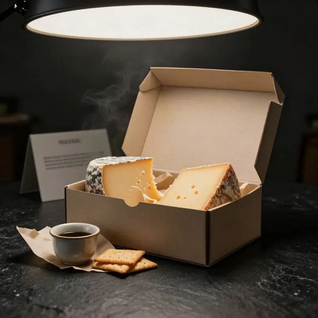 Open maandbox met Nederlandse kazen, crackers en chutney in een donkere studio.
