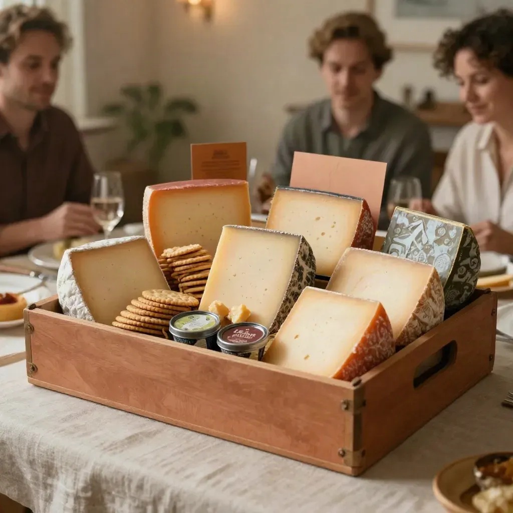 Rijke kaaspartybox met grote kaasblokken, crackers en twee condimentpotten op een warme borreltafel.
