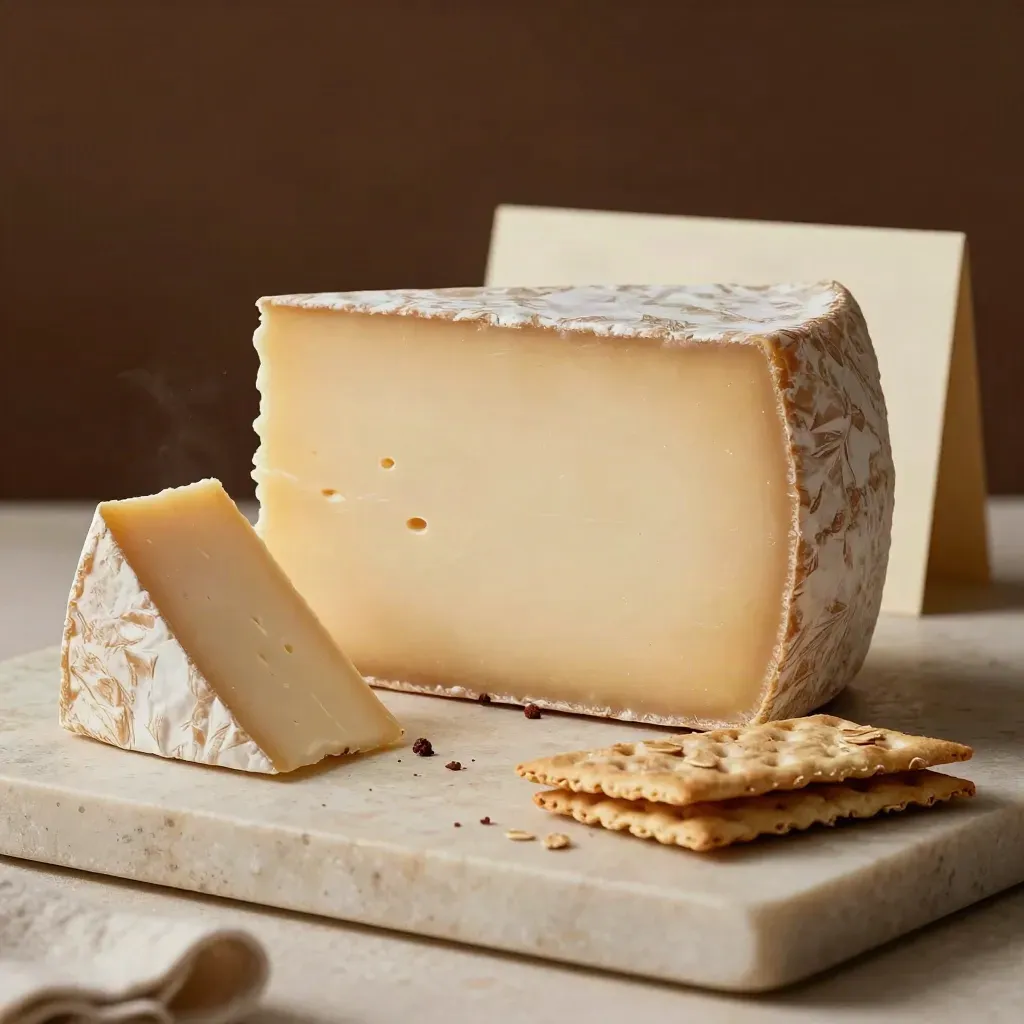 Goudse Jong Belegen kaasblok met wedge en crackers op travertin, warm en monumentaal.
