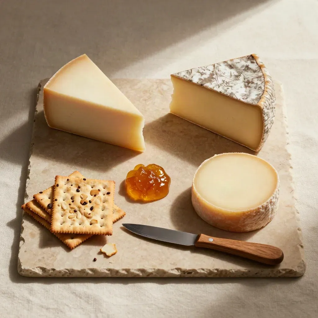 Overhead flatlay van een kaasplank mixbox met vier kazen, crackers, chutney en houten mesje.