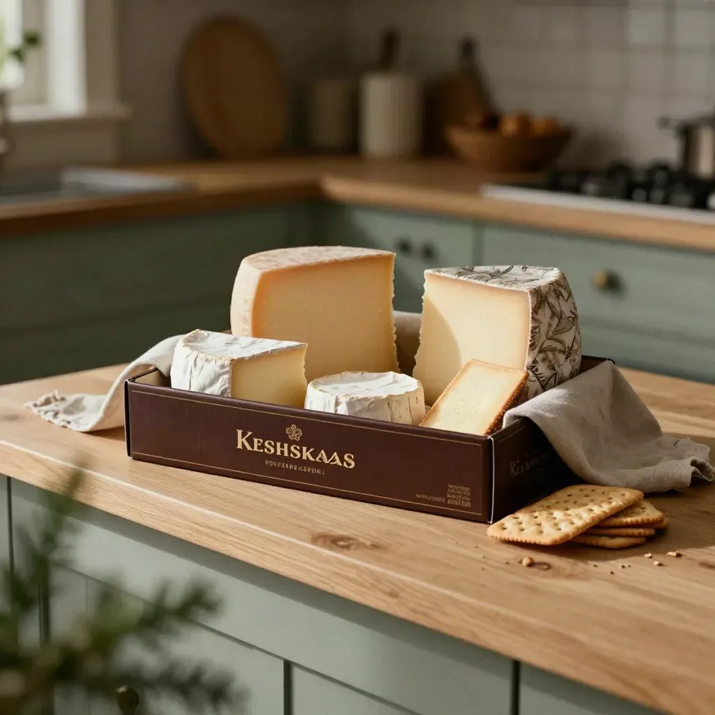 Open kerstkaasbox met seizoensgroen en warme kazen op een lichte houten plank.