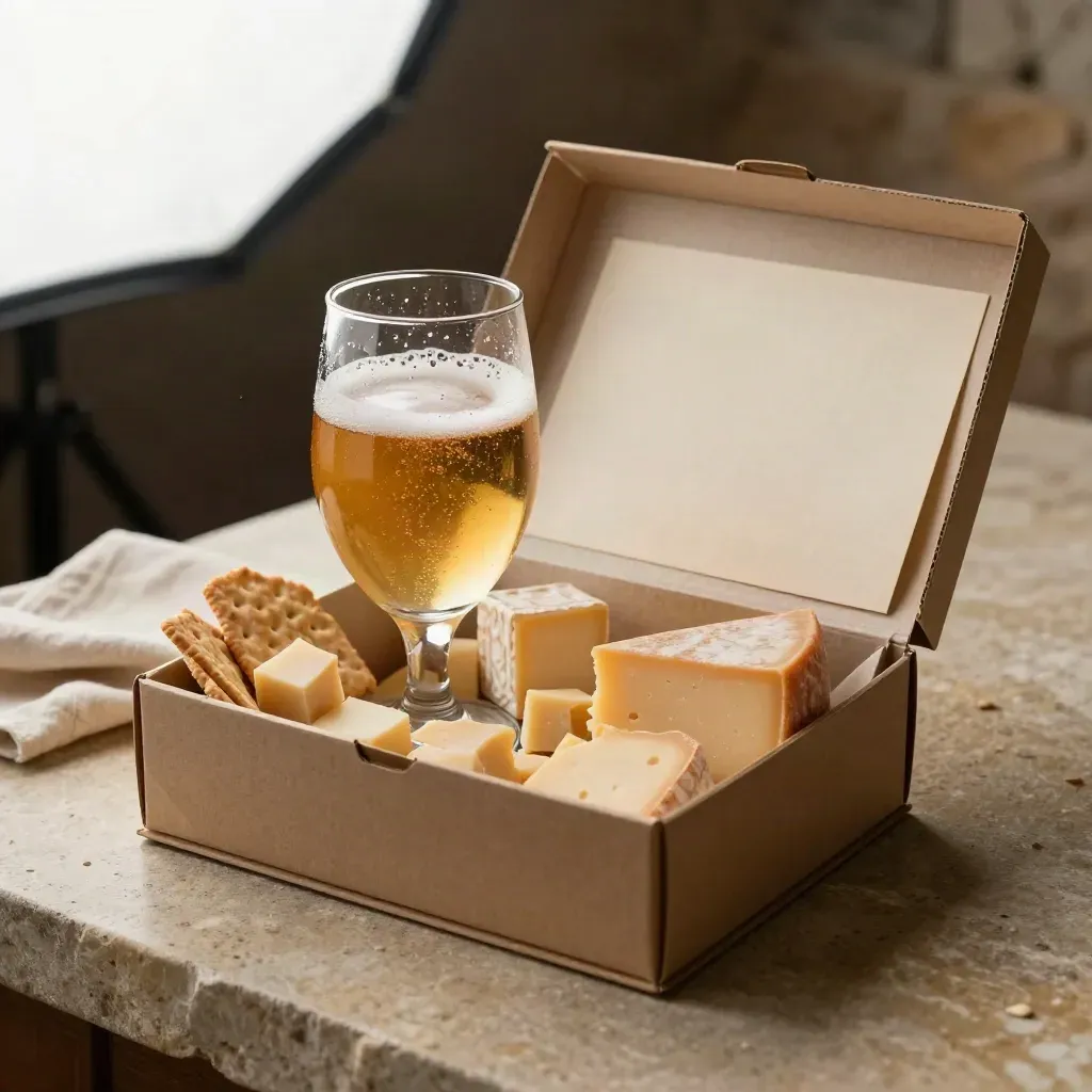 Open kaasbox met bierglas en kaasblokjes op lichte steen, luxe gepresenteerd.