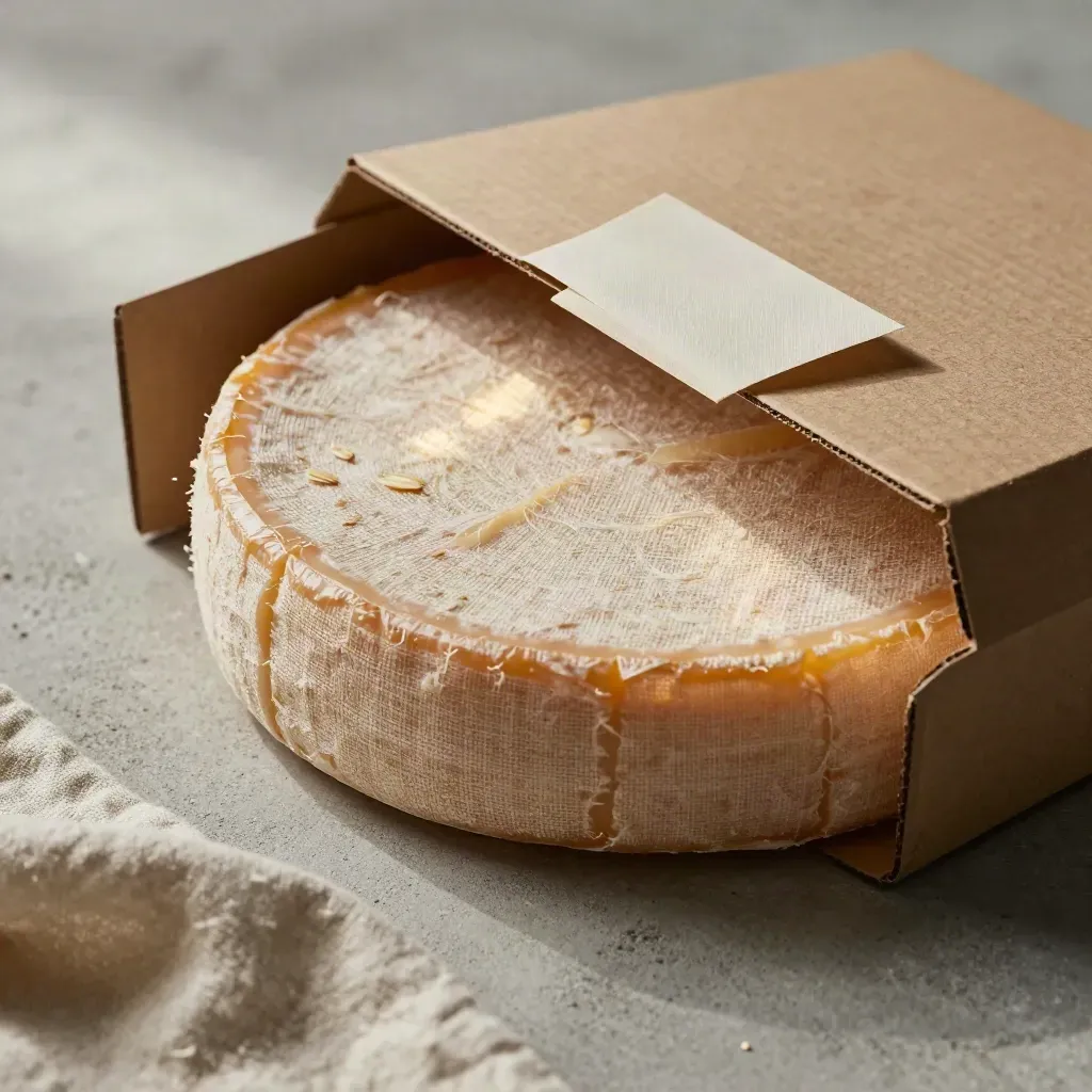 Halfopen boerenkaas cadeauset op beton met linnen vezels en een goudgele kaaswedge.