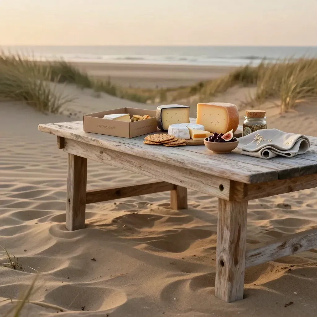 Borrelbox op duinrand met kaas, crackers en warme avondzon