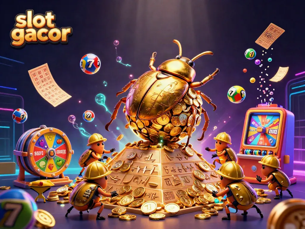Engage with slot gacor themes as beetles roll golden coins up a pyramid amidst vibrant gaming elements.