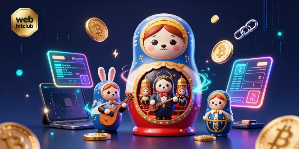 Engage with web hitclub's vibrant casino scene featuring a Matryoshka bear and casino elements.