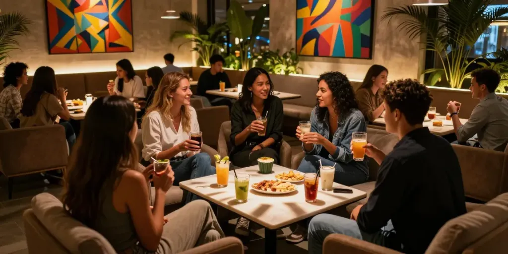 Vibrant social scene at a rokok88 lounge with friends enjoying drinks and snacks in a cozy atmosphere.