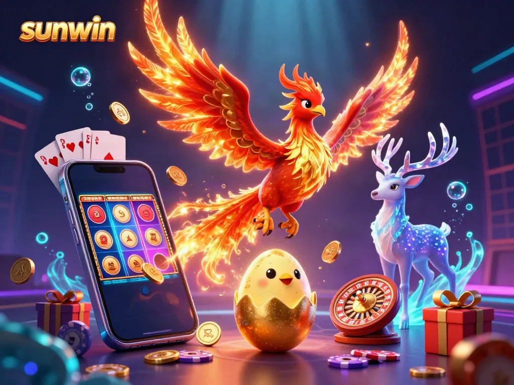 Experience the excitement with sunwin’s vivid 3D phoenix scene, capturing thrilling slot games and casino elements.