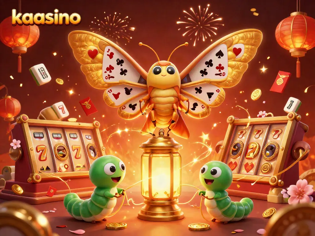Experience the magic of kaasino as a majestic moth accompanies vibrant casino symbols celebrating big wins.