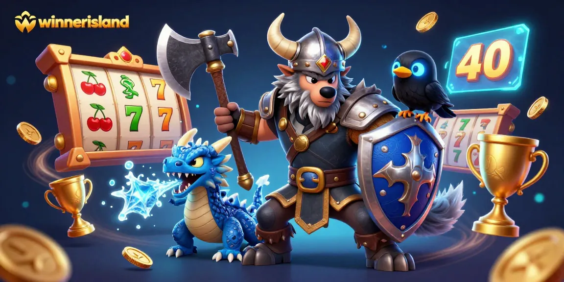 Experience thrilling gaming at Winnerisland Casino with a vibrant 3D scene showcasing action-packed slot reels and dynamic characters.