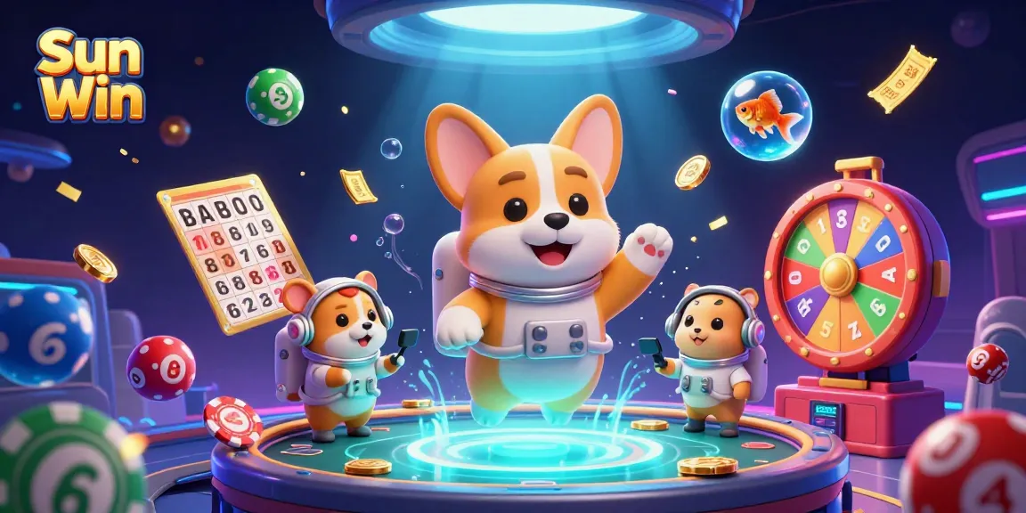 Experience the thrill of Sun Win with an astronaut corgi in a vibrant casino scene.